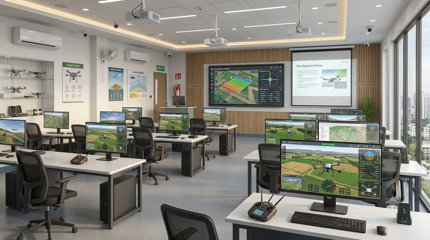 Smart classroom with VR headsets, interactive displays and drone simulation workstations