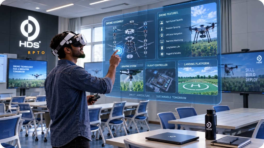 Student in a VR headset exploring a holographic drone assembly display in the HDS classroom